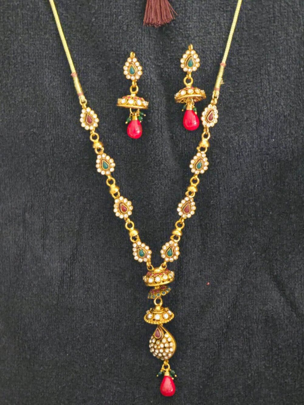 New Antique Gold Kundan Polki Multi-Tiered Necklace Jhumka Earring Set